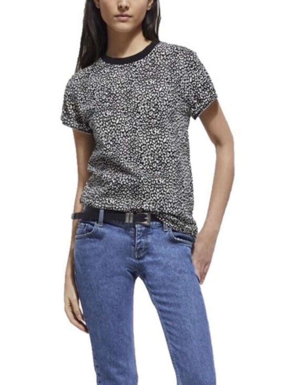 The Kooples Leopard Print Short Sleeve Top Black White Size 1 Small